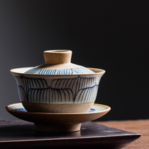 Duqing hand-painted blue and white three talents cover bowl Zen retro coarse ceramic home single large kung fu tea set tea bowl