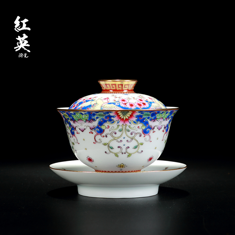 Red the jingdezhen ceramic colored enamel three to make tea tureen teacups hand - made kung fu tea set household