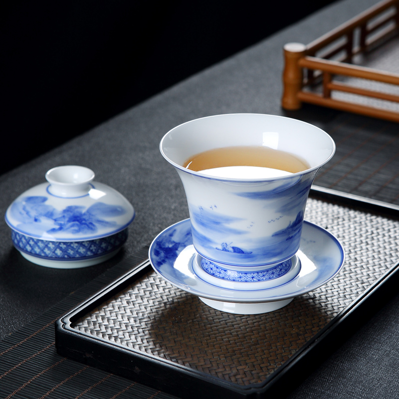 Jingdezhen ceramic manual hand - made tureen single tea cups three only blue and white porcelain bowl large tea sets