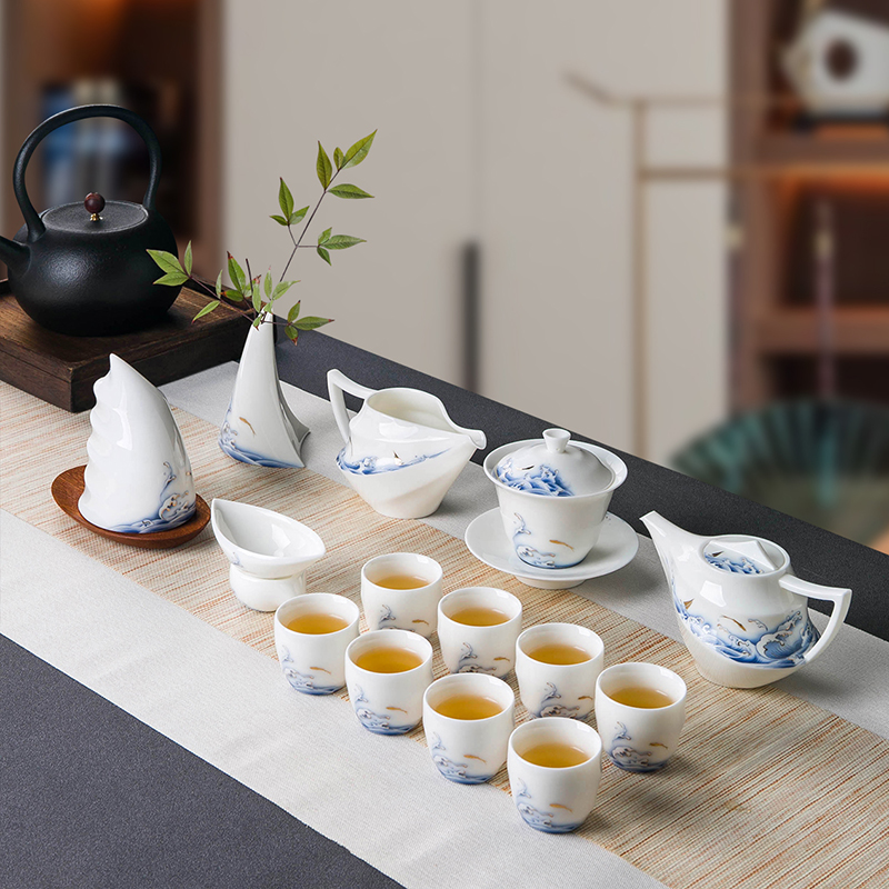 Jingdezhen suet jade white porcelain tea set household light key-2 luxury gift boxes kung fu tea cup lid bowl suit