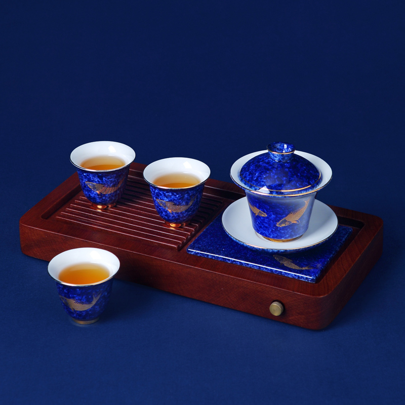 Jingdezhen ceramic kung fu tea set home only three tureen tea cups with blue glaze fuels the teapot