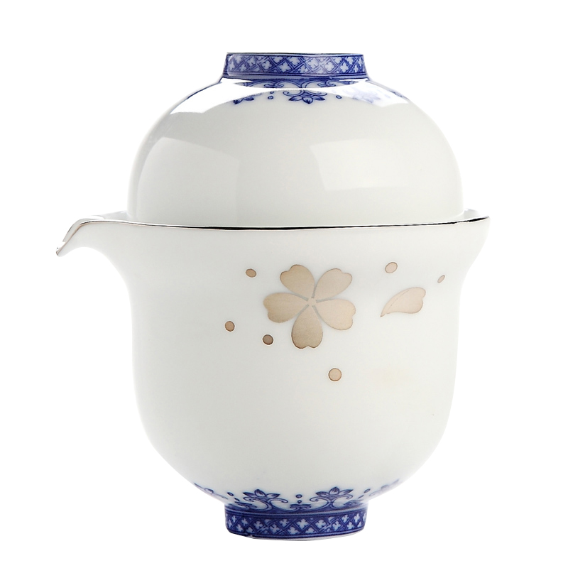 Jingdezhen ceramic trace silver crack of blue and white porcelain cup a pot of kung fu tea set teapot, two cups of portable travel