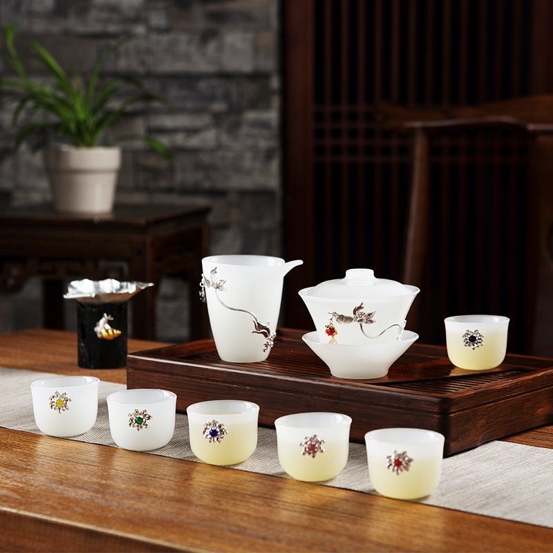 Jingdezhen kung fu tea set suit household contracted tureen Chinese teapot coloured glaze jade white porcelain ceramic cups