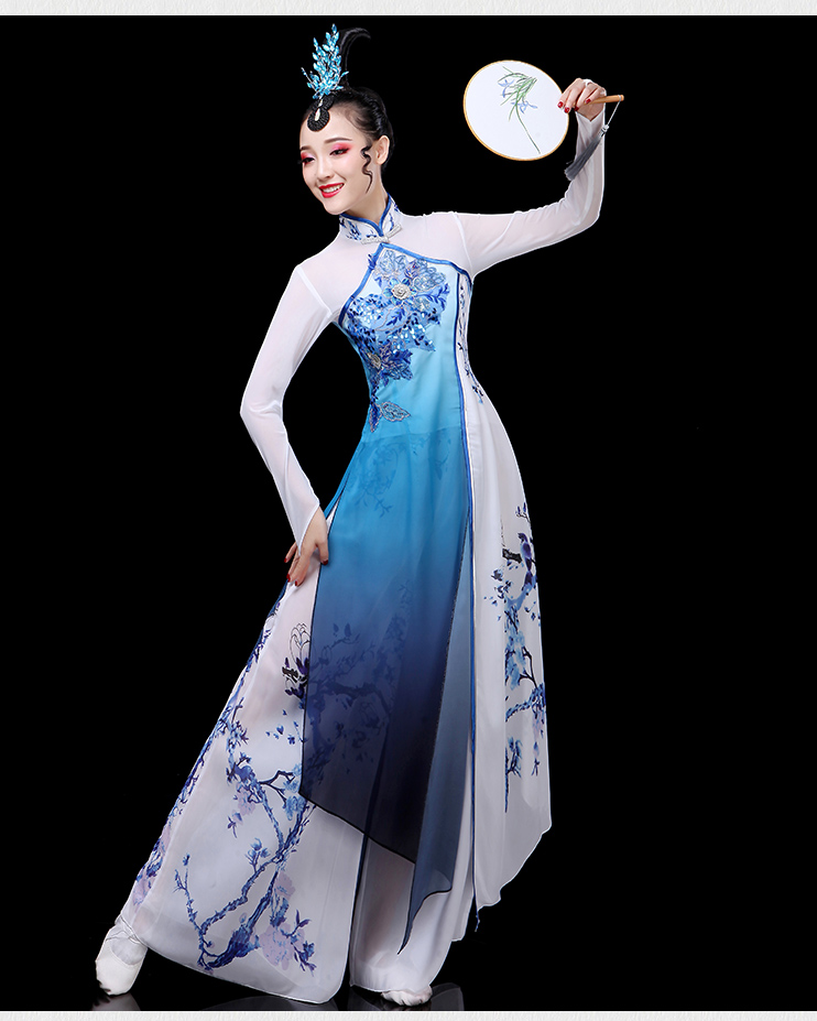 古典舞演出服女飘逸旗袍扇子舞古筝古风水墨风青花瓷舞蹈服装