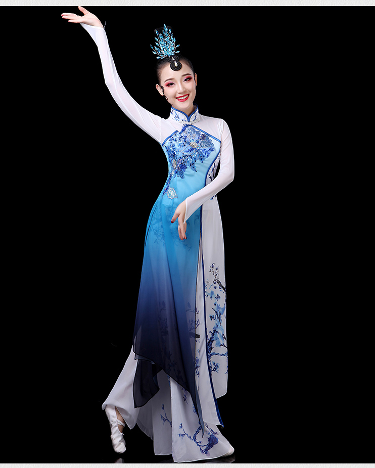 古典舞演出服女飘逸旗袍扇子舞古筝古风水墨风青花瓷舞蹈服装