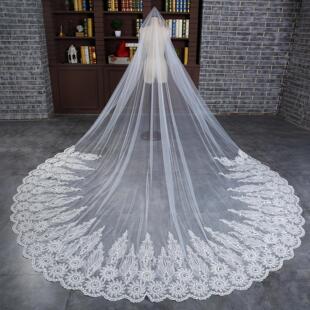 新款头纱超长款婚纱头纱软纱蕾丝边镶钻韩式新娘头纱3.5米超长拖