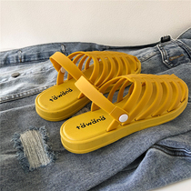 2 ways to wear~Summer new ins Roman sandals womens Baotou students all-match beach shoes Hong Kong wind hole shoes tide