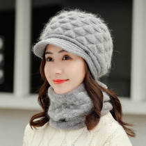 Hat womens winter wool hat Autumn and winter wild plus velvet thickened warm ear rabbit hair knitted hat collar two-piece set