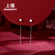 999 sterling silver short ear line female 925 silver beautiful earrings 2021 New Tide simple temperament small square ear chain