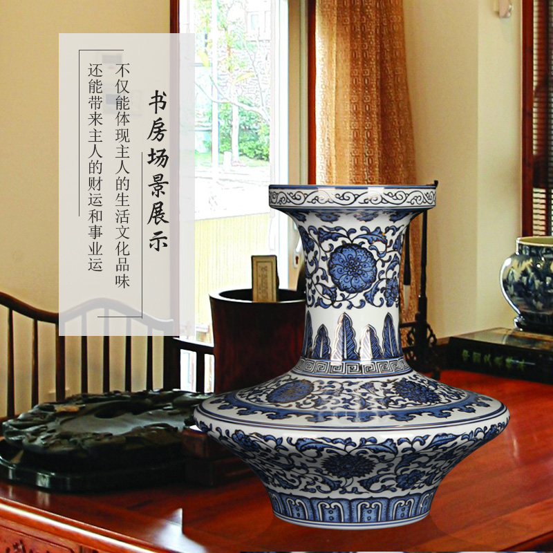 Jingdezhen ceramics antique blue - and - white hand - made paint around branches flat belly vase mesa of modern Chinese crafts