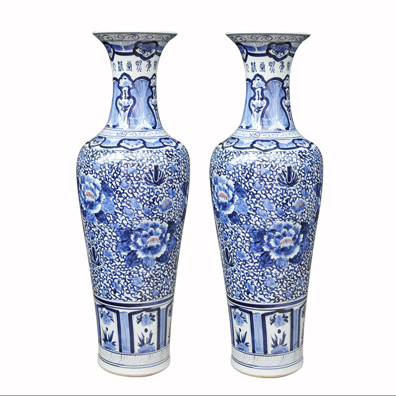 Jingdezhen blue and white peony flowers prosperous large hand - made ceramics vase lobby sitting room adornment is placed