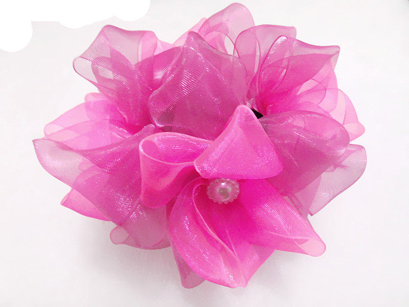 定制 漂亮女生盘发头花小女孩配饰女童舞蹈粉红色纱大花朵儿童马尾