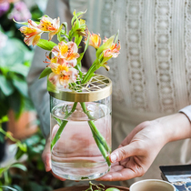 Brass glass vase living room flower arrangement ins Wind Net red flower Ware Nordic style transparent water fresh flower ornaments