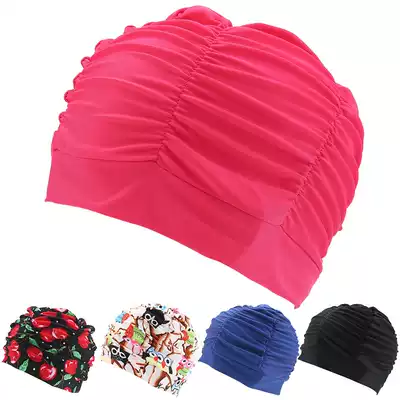 Swimming cap women's long hair fashion pleated print solid color adult large comfortable swimming equipment men's swimming cap