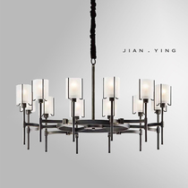 New Chinese black copper chandelier large living room villa Zen Fengyuan Restaurant Lightglass lamp cover bedroom lamp