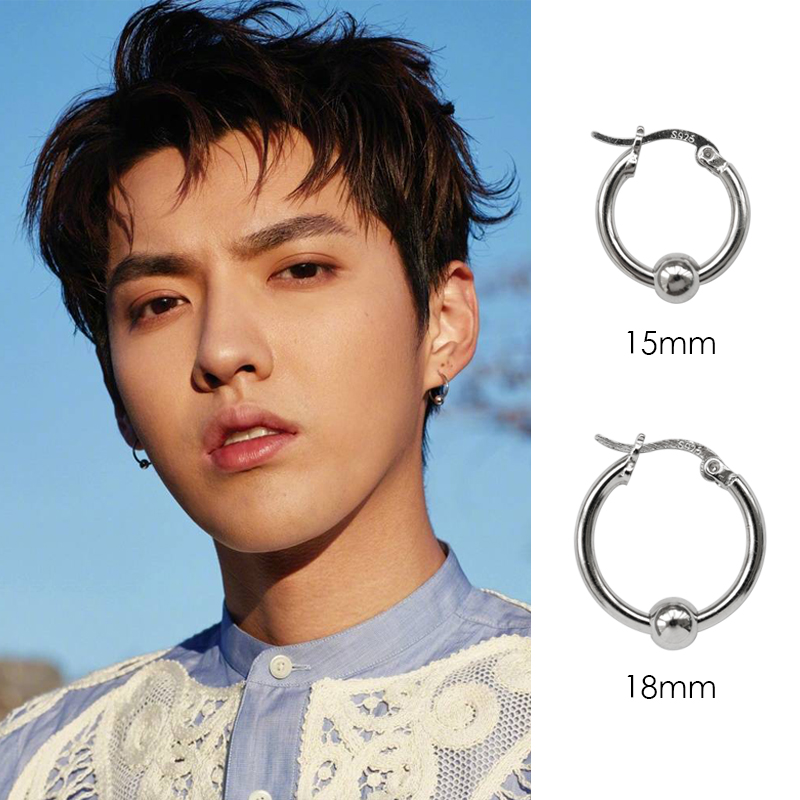 s925纯银韩国百搭嘻哈耳扣吴亦凡kris同款光球耳环耳钉男女耳圈潮