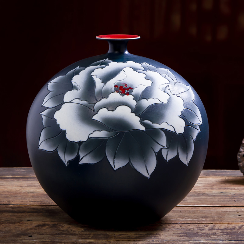 Jingdezhen ceramic vases, new Chinese style black hand made peony dried flowers flower arrangement sitting room adornment ornament household act the role ofing is tasted