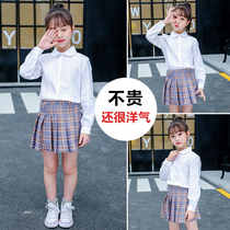 Girls white shirt long sleeve cotton leggings in the big boy Korean version lace lace pure white shirt student school uniform