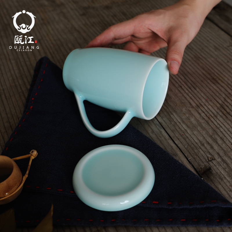 Oujiang longquan celadon water glass tea cup milk cup lady cup brother up office cup tea cup with lid keller