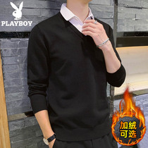 Flowers Playboy Autumn Winter Sweater Mens Shirt V Collar Trend Autumn Clothing Blouses Bottom Thickening Fake Two-Pin Weaves