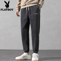 Flower Playboy jeans Mens spring and autumn tether rope tightness waist and corset foot casual pants Tide Sign trendy black pants
