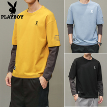 Playboy spring and autumn long-sleeved t-shirt mens Korean version of the trend fake two-piece sweater trend brand loose casual bottoming shirt