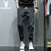 Playboy pants mens spring and autumn Korean version of the trend brand denim casual pants all-match tie-foot tooling mens pants
