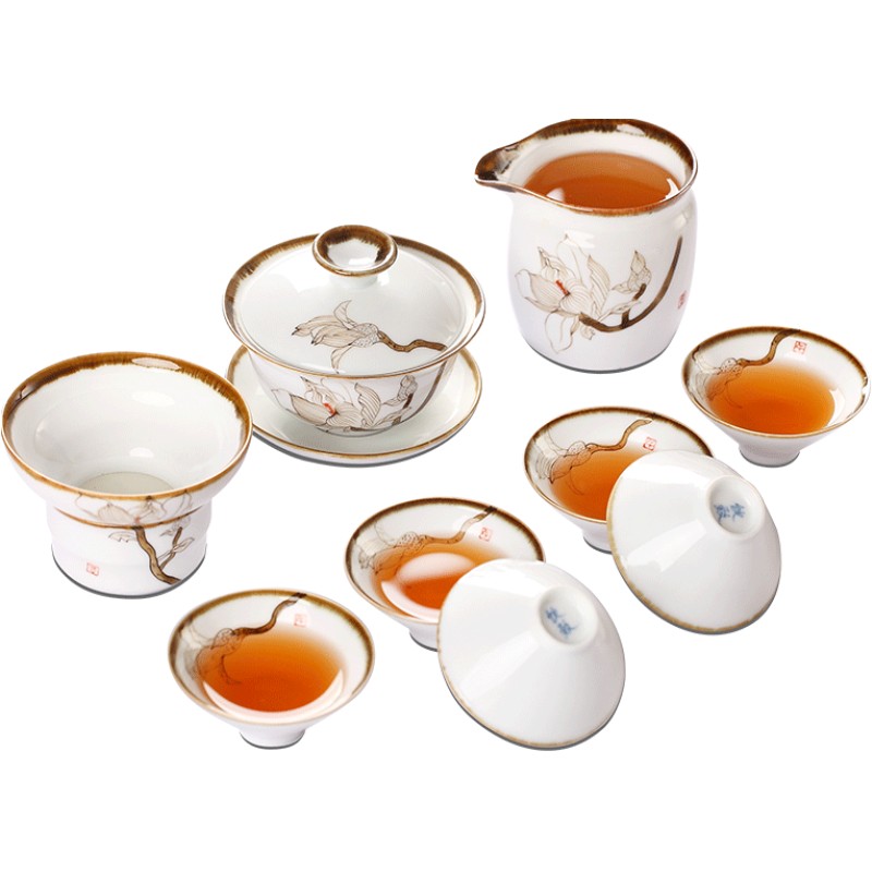 Ultimately responds to jingdezhen hand - made up with tea set household kunfu tea tureen of pottery and porcelain of a complete set of tea cups thin foetus