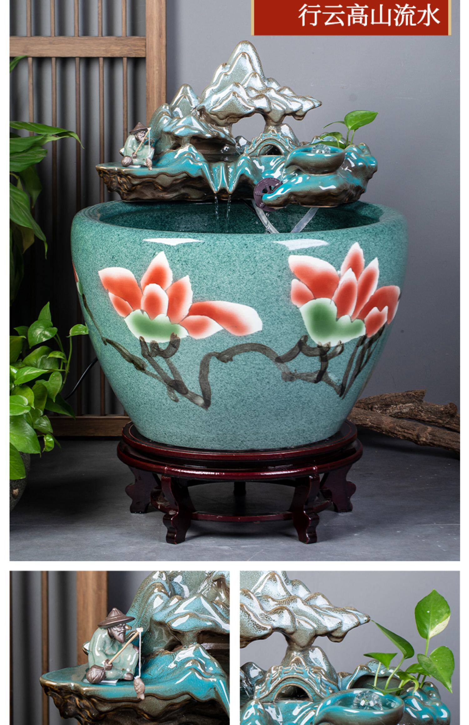 大型陶瓷流水鱼缸水缸阳台造景水循环鱼缸办公室客厅养鱼缸落地缸