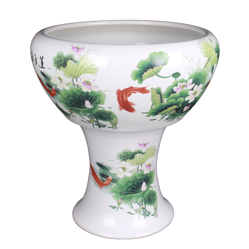 Extra large aquarium hand - made jingdezhen ceramic flower pot a goldfish bowl bowl lotus lotus lotus cylinder cylinder fall to the ground