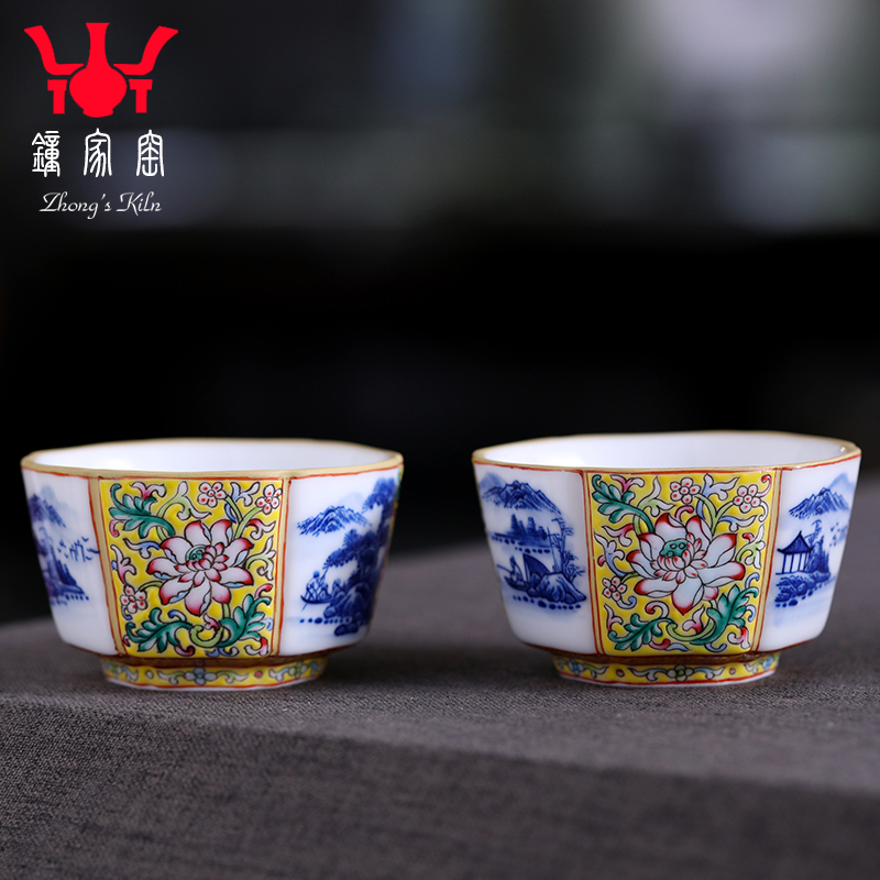 Clock home teacups hand - made porcelain up kung fu landscape colored enamel lotus flower grain six table mountain water cup of jingdezhen tea service