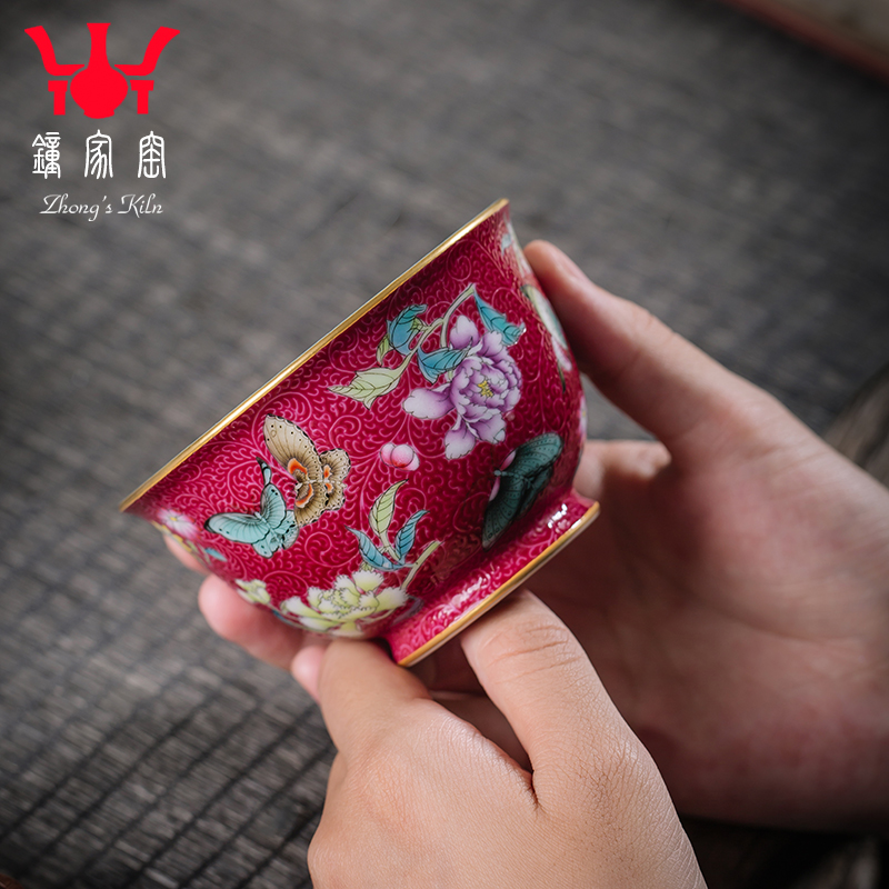 Clock home high - end masters cup jingdezhen up manually pastel carmine to pick flowers pressure hand cup kung fu tea cups