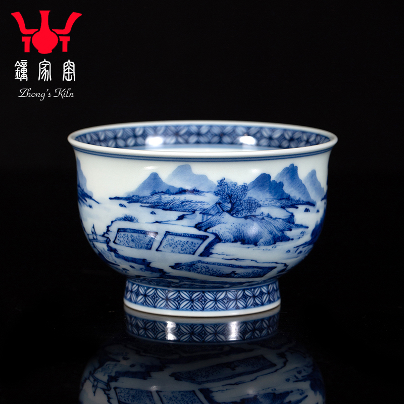 Bell up cup the host CPU of jingdezhen blue and white maintain pure manual heavy industry with kung fu painting landscape tea cup