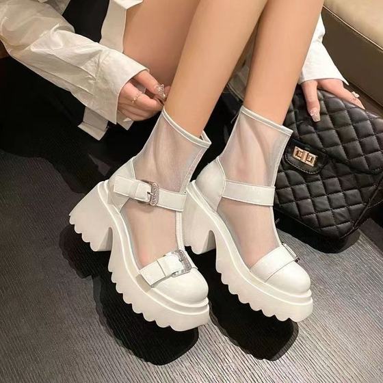 Fashion boots, sponge cake, short leather thick heel mesh sandals, high heels, Martin boots, women's 2025 autumn new thin style Fashion boots, sponge cake, short leather thick heel mesh sandals, high heels, Martin boots, women's 2025 autumn new thin style