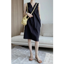 Front and rear V-neck sleeveless folds age loose dress summer temperament wooden ear cotton casual vest long skirt