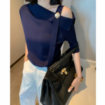 EAMODE summer new double-curved bead knitted slip shoulder knitted T-shirt womens simple temperament navy blue short sleeve top