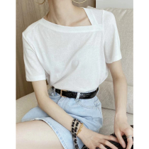 Summer new minimalist quality cotton diagonal neckline design comfortable skin-friendly Joker T-shirt women casual personality top