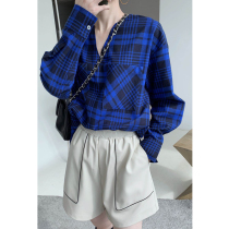 2021 Spring New Korean version of simple V-neck double pocket pullover suede plaid shirt women loose casual top