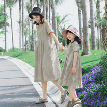 2021 summer new khaki plaid loose parent-child fashion literary style girls mother-daughter pure cotton dress
