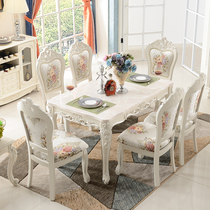 Marble European dining table and chair combination 6 people light luxury carved solid wood rectangular white French small family table