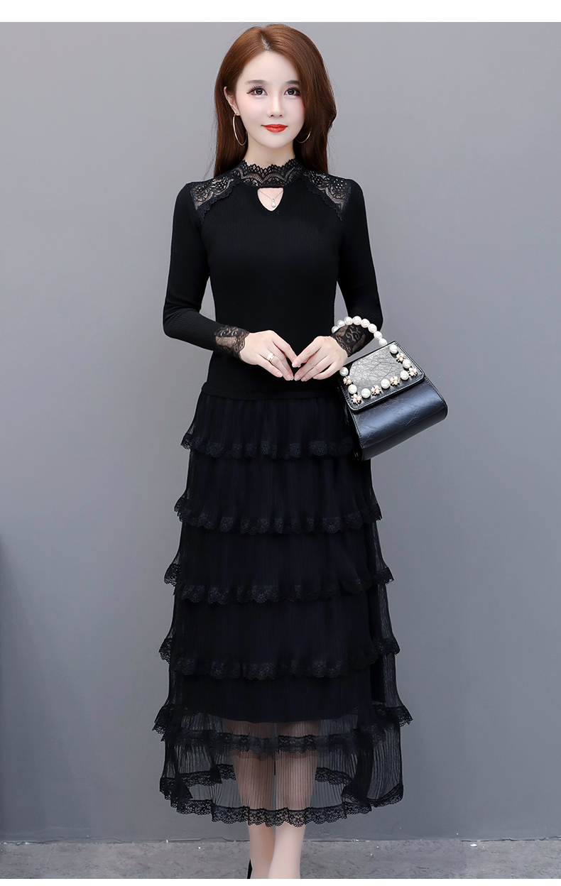 cyjhzp19d017修身黑色长款毛衣裙内搭打底蕾丝针织连衣裙