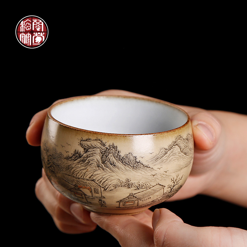 Your up yellow glaze master cup single cup pure manual hand - made scenery lohan cup large single kunfu tea cups ceramics