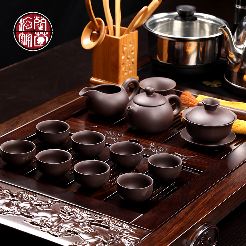 Ebony ceramic tea tray was simple kungfu tea set pack of a complete set of home office violet arenaceous six solid wood tea cups