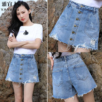 Denim short pants skirt women 2019 new fashion wide legs high waist a type summer student culottes one fake Two