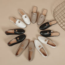 Baotou half slippers women wear Muller shoes 2023 new Lefu shoes flat bean shoes leather mesh red single shoes