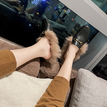 Gross Muller Mueller Shoes Woman 2022 Autumn Winter Sloth Man A Foot of wool Baotou Half slippers outside wearing a horse button flat bottom shoe