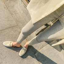 2023 New flat - bottom bag half slippers female real leather network red Muller shoes wear horse tie slippers