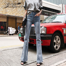 High-waisted denim flared pants womens 2021 Spring and Autumn New Hong Kong flavor tight slim slim stretch micro-lathe trousers tide