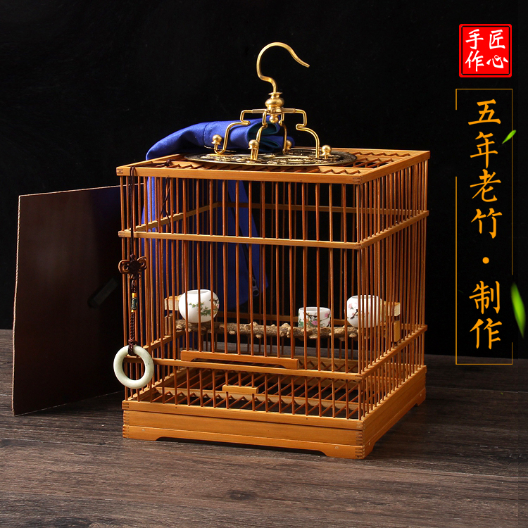 手工竹製活底鳥籠適用於繡眼貝子黃雀玉鳥的方形鳥籠卯榫結構老竹