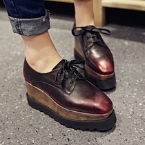 Slopes heel Muffin Shoes Woman 2022 Spring new genuine leather square head thick heel High heel Single shoes Inron retro color Lace Tide